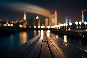 ein lange hölzern Seebrücke mit Beleuchtung auf es beim Nacht. KI-generiert foto