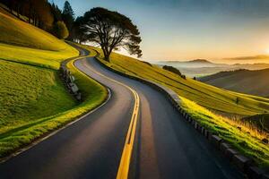 ein Wicklung Straße im das Berge beim Sonnenuntergang. KI-generiert foto