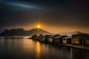 ein schön Sonnenuntergang Über ein See mit Häuser auf das Ufer. KI-generiert foto