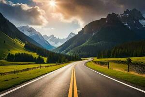 ein Straße im das Berge mit Sonne leuchtenden. KI-generiert foto