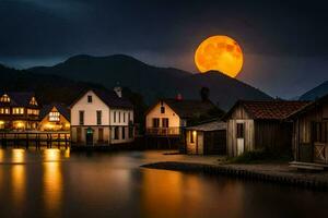 Foto Hintergrund das Mond, Wasser, Häuser, das Mond, das Himmel, das Berge, Die. KI-generiert