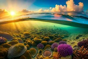 das Sonne steigt an Über ein Koralle Riff und Meer Leben. KI-generiert foto