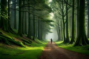 ein Person Gehen Nieder ein Pfad im das Mitte von ein Wald. KI-generiert foto