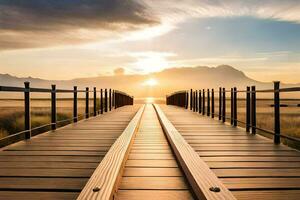 ein hölzern Brücke Über ein Feld mit das Sonne Einstellung. KI-generiert foto