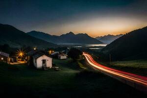 ein lange Exposition Foto von ein Straße und ein Haus im das Berge. KI-generiert