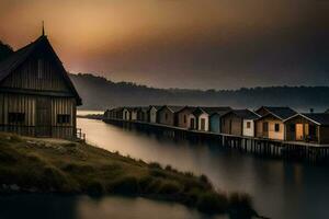 ein See mit hölzern Häuser und ein Seebrücke beim Sonnenuntergang. KI-generiert foto