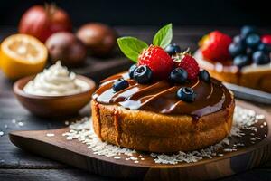 ein Kuchen mit Beeren und Schokolade auf ein hölzern Tafel. KI-generiert foto