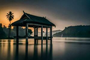 ein Hütte sitzt auf das Ufer von ein See beim Sonnenuntergang. KI-generiert foto