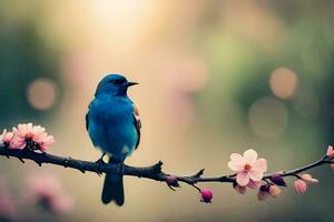 ein Blau Vogel ist thront auf ein Ast mit Rosa Blumen. KI-generiert foto