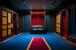 das Zimmer hat ein rot Teppich und Blau Wände. KI-generiert foto