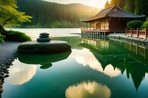 ein japanisch Pagode sitzt auf das Kante von ein See. KI-generiert foto