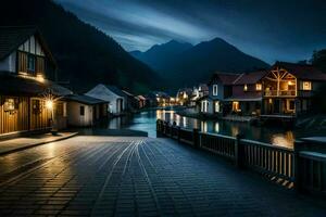 ein Nacht Zeit Aussicht von ein klein Stadt, Dorf im das Berge. KI-generiert foto