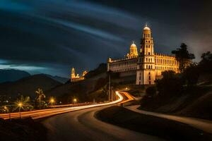 das Nacht Himmel Über ein Stadt mit ein Kathedrale im das Hintergrund. KI-generiert foto