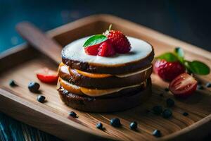 ein Stapel von Pfannkuchen mit Erdbeeren und Creme. KI-generiert foto