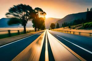 ein lange Exposition fotografieren von ein Autobahn beim Sonnenuntergang. KI-generiert foto