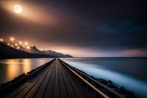 ein Seebrücke mit ein voll Mond Über das Ozean. KI-generiert foto