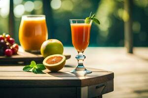 zwei Brille von Orange Saft auf ein Tisch. KI-generiert foto