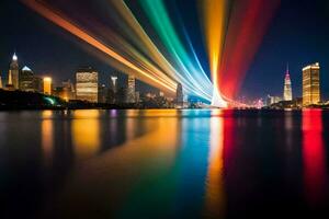 ein lange Exposition fotografieren von ein Stadt Horizont mit bunt Beleuchtung. KI-generiert foto