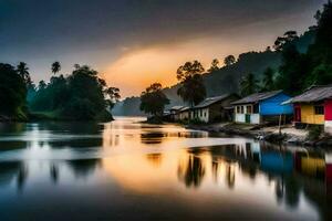 ein Fluss mit Häuser auf das Ufer beim Sonnenuntergang. KI-generiert foto