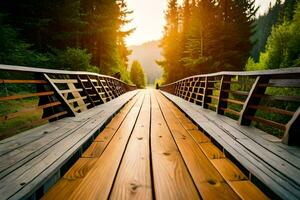 ein hölzern Brücke im das Mitte von ein Wald. KI-generiert foto