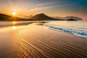 das Sonne steigt an Über das Ozean und das Sand. KI-generiert foto