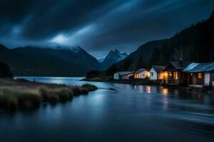 ein See und ein Kabine im das Berge beim Nacht. KI-generiert foto