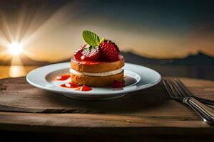 ein Dessert auf ein Teller mit ein Gabel und Messer. KI-generiert foto