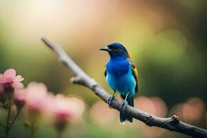 ein Blau Vogel Sitzung auf ein Ast mit Rosa Blumen. KI-generiert foto