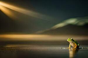 ein Frosch Sitzung auf das Boden im das dunkel. KI-generiert foto