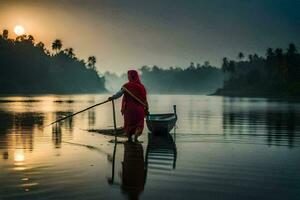 ein Frau im ein rot Sari ist Stehen auf ein Boot im das Wasser. KI-generiert foto