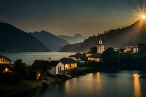 Foto Hintergrund das Himmel, Wasser, Berge, See, Haus, das Sonne, Licht, Die. KI-generiert