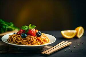 Spaghetti mit Blaubeeren und Erdbeeren im ein Schüssel. KI-generiert foto