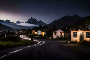 Foto Hintergrund das Himmel, Berge, Straße, Häuser, das Dorf, das Straße, das Dorf. KI-generiert