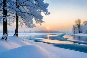 ein Fluss im das Schnee. KI-generiert foto