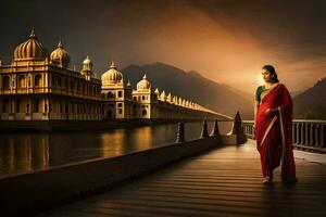 ein Frau im ein rot Sari steht auf ein Brücke im Vorderseite von ein Tempel. KI-generiert foto