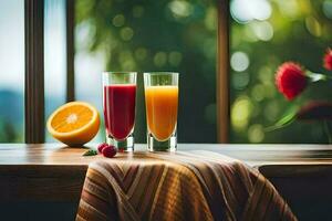 zwei Brille von Saft auf ein Tabelle mit ein Aussicht von ein Blume. KI-generiert foto