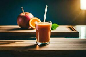 ein Orange Saft mit ein Stroh und ein Apfel auf ein Tisch. KI-generiert foto