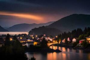 ein Stadt, Dorf im das Berge beim Nacht. KI-generiert foto