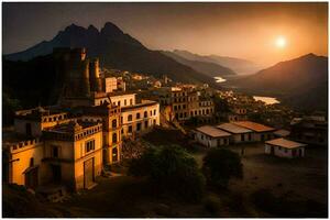 das Sonne setzt Über ein Stadt, Dorf im Italien. KI-generiert foto