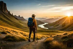 ein Mann mit ein Rucksack und Trekking Stangen Spaziergänge auf ein Pfad im das Berge. KI-generiert foto