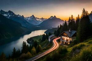 ein Haus sitzt auf ein Hügel mit Blick auf ein See und Berge. KI-generiert foto