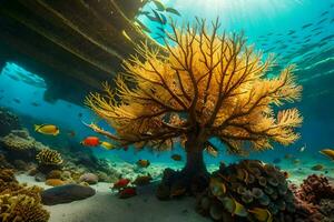 ein unter Wasser Szene mit ein Baum und Fisch. KI-generiert foto