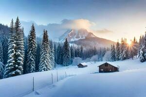 ein schneebedeckt Berg Landschaft mit ein Kabine im das Vordergrund. KI-generiert foto