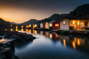 Foto Hintergrund das Himmel, Wasser, Berge, Haus, das See, das Haus, das See. KI-generiert