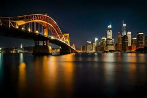 das Stadt Horizont beim Nacht mit ein Brücke Über Wasser. KI-generiert foto