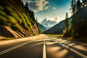 ein Straße im das Berge mit Bäume und Berge im das Hintergrund. KI-generiert foto