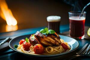 ein Teller von Pasta mit Tomate und Fleisch auf ein Tabelle Nächster zu ein Glas von Wein. KI-generiert foto