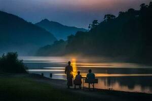 ein Familie Spaziergänge entlang das Fluss beim Sonnenuntergang. KI-generiert foto