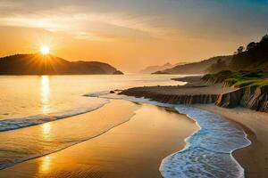 das Sonne setzt Über ein Strand und Berge. KI-generiert foto