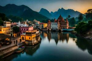 Foto Hintergrund das Himmel, Berge, Fluss, Gebäude, das Stadt, Indien, das Stadt. KI-generiert